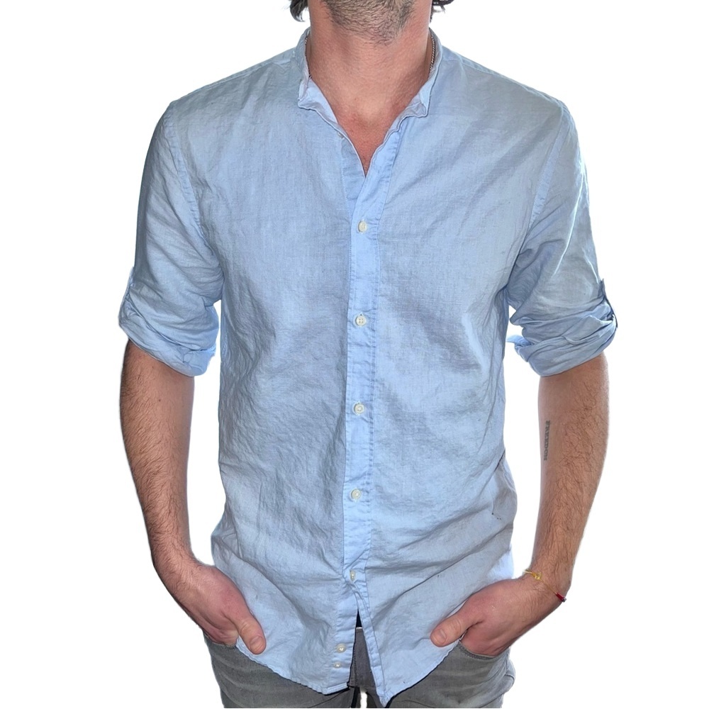 ZARA Mens Light Blue Band Collar Relaxed Fit Crinkled Long Sleeve Shirt Size M